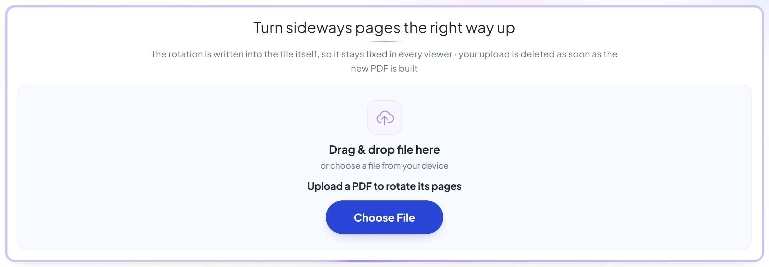 The Rotate PDF upload panel