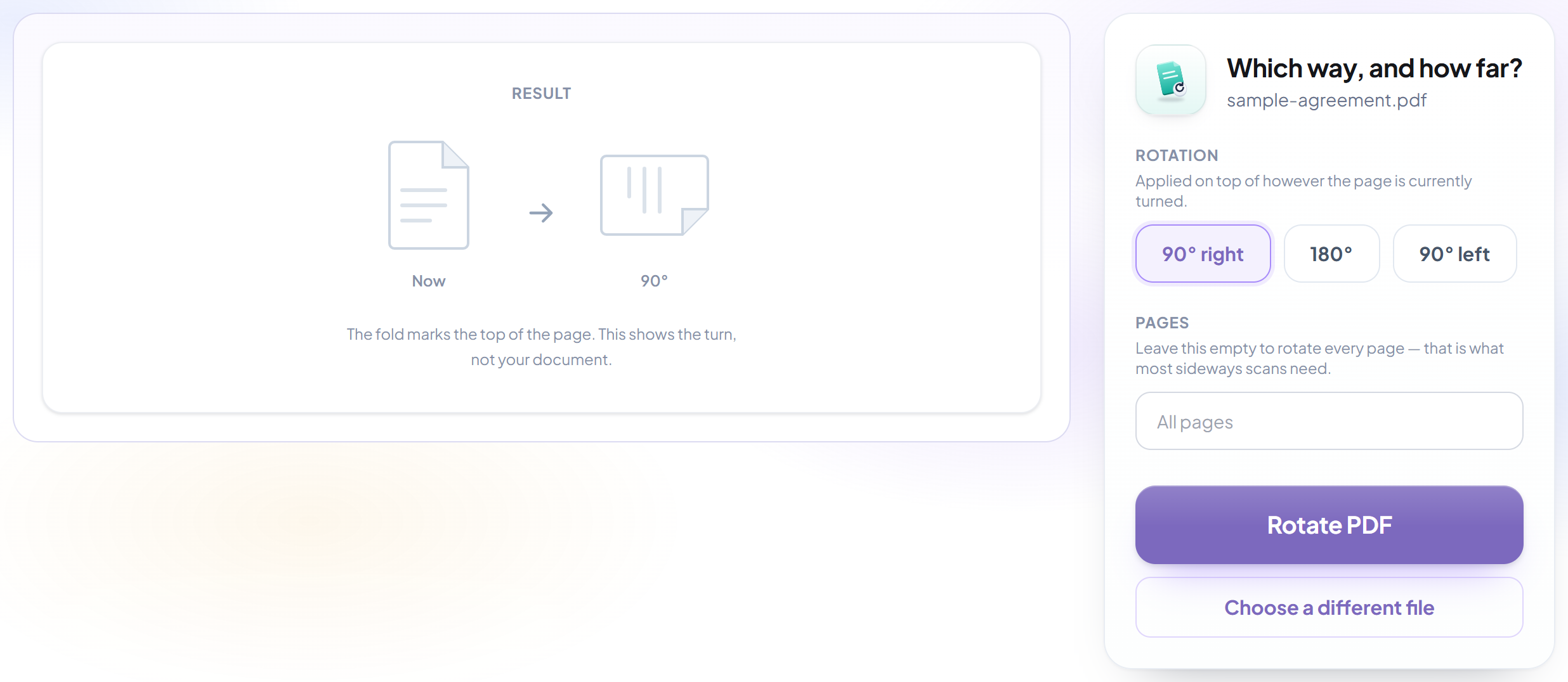 The Rotate PDF screen with rotation angle and page selection controls