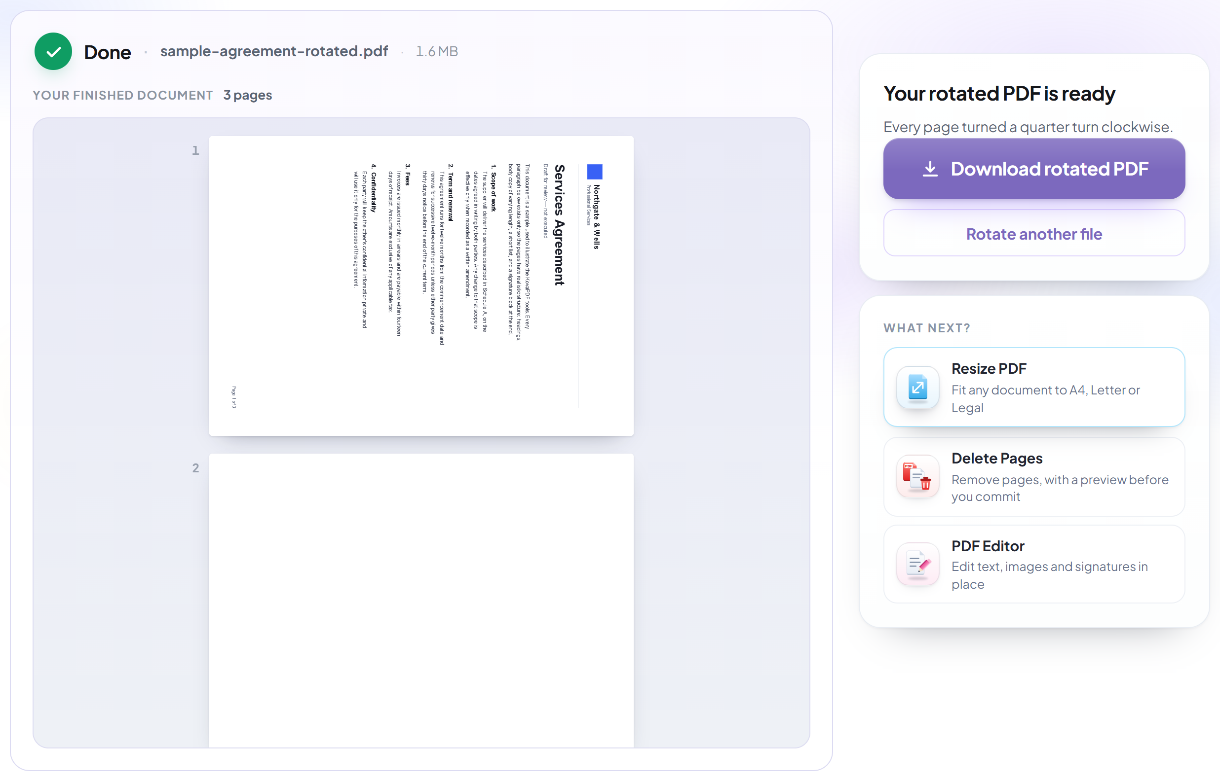 The Rotate PDF screen with the rotated document ready to download