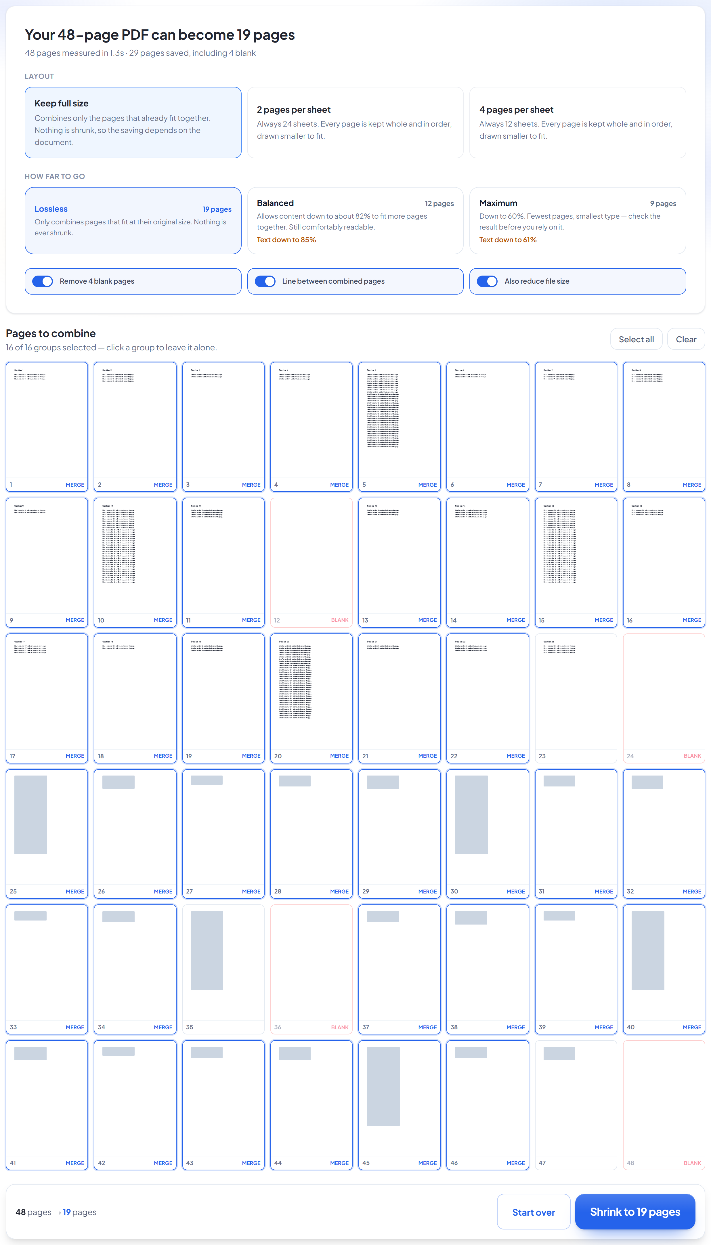 The SmartShrink review screen showing the level choices and the page grid