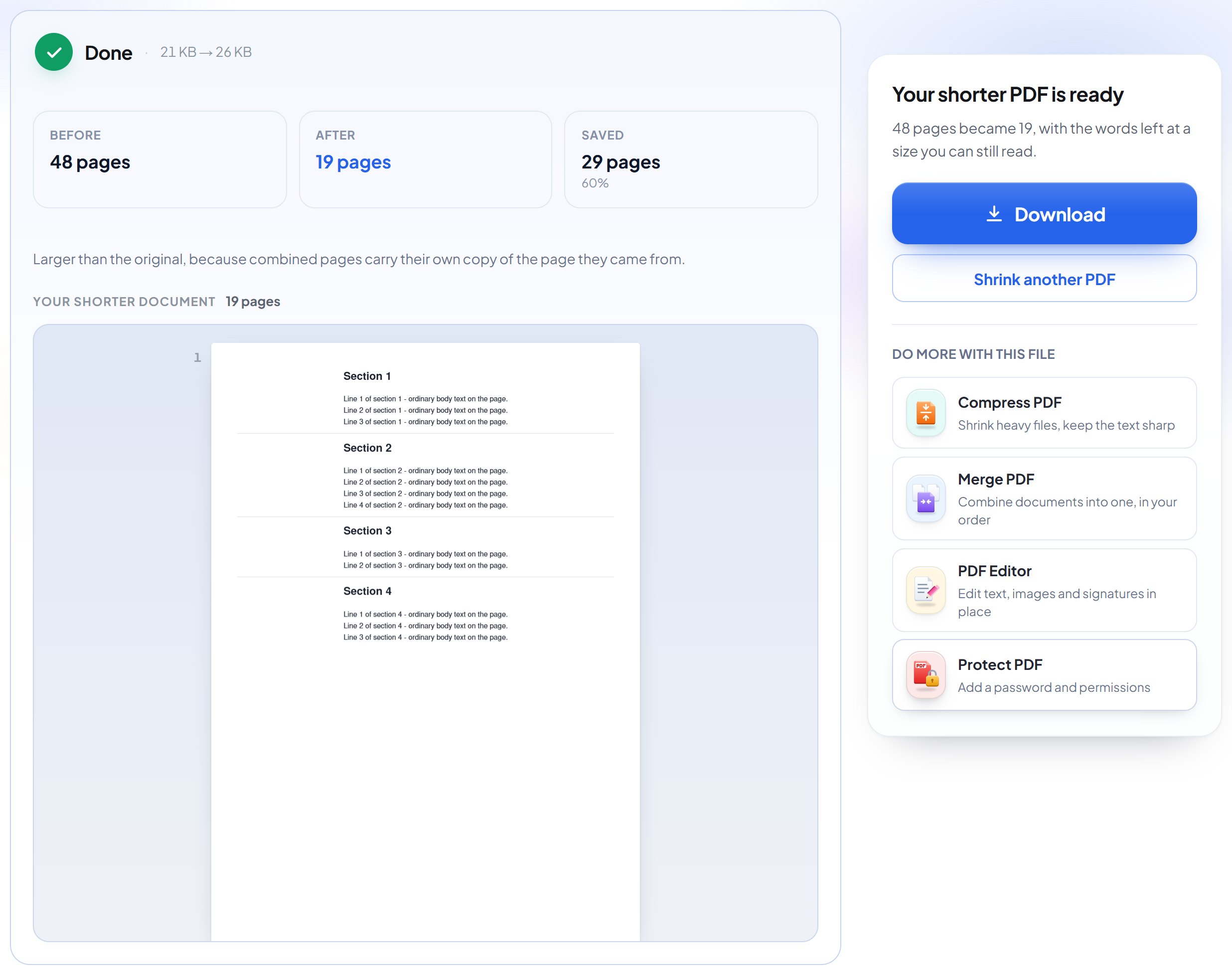 The SmartShrink result screen with the shortened PDF ready to download
