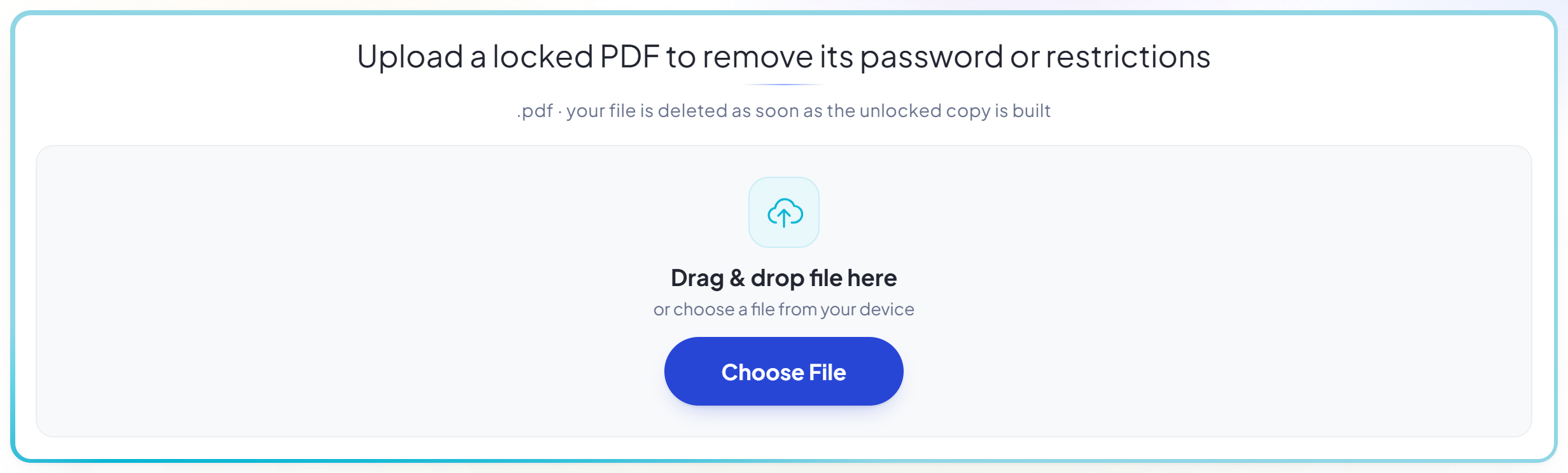 The Unlock PDF upload panel