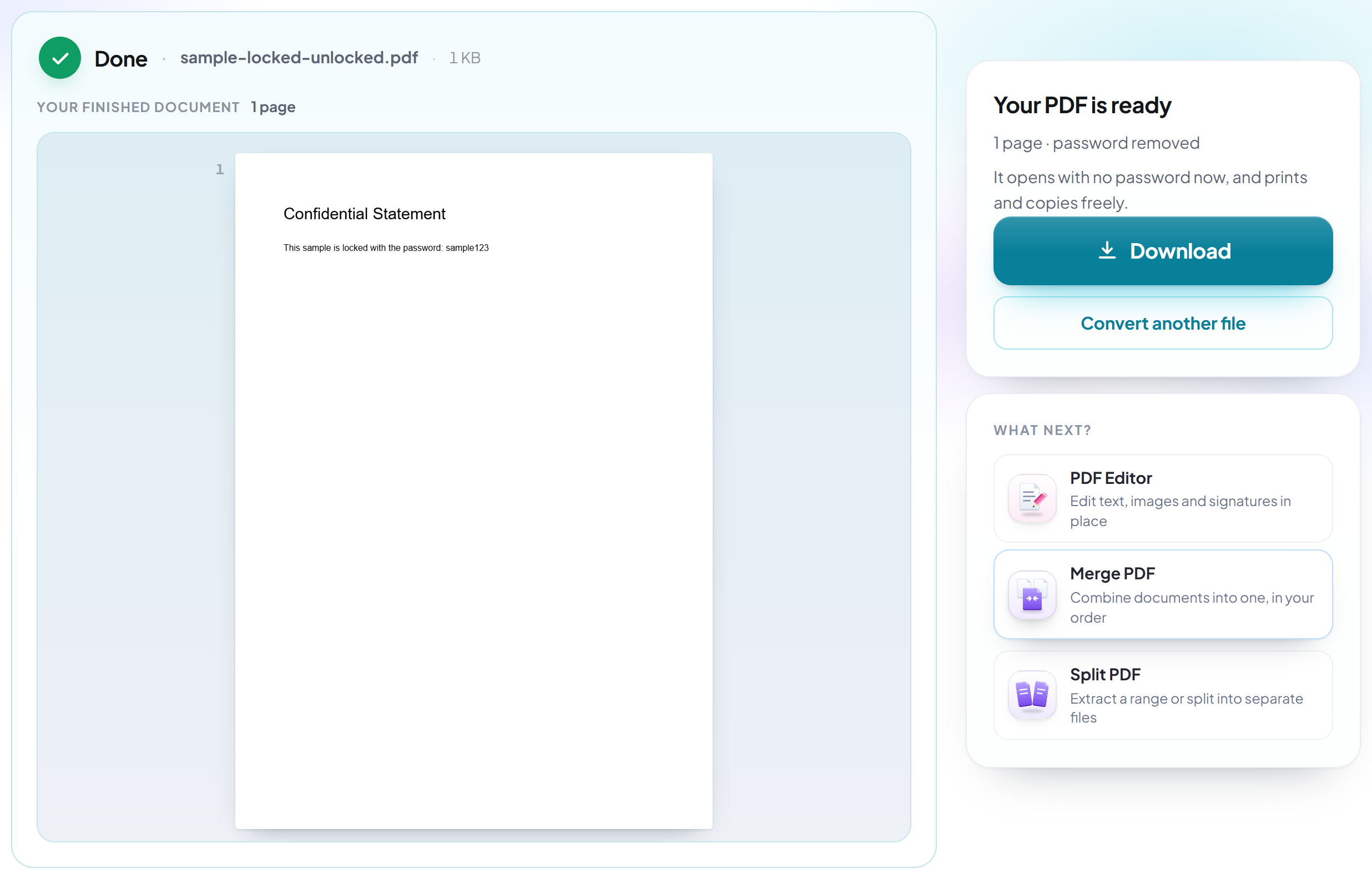 The Unlock PDF result screen with the unlocked PDF ready to download