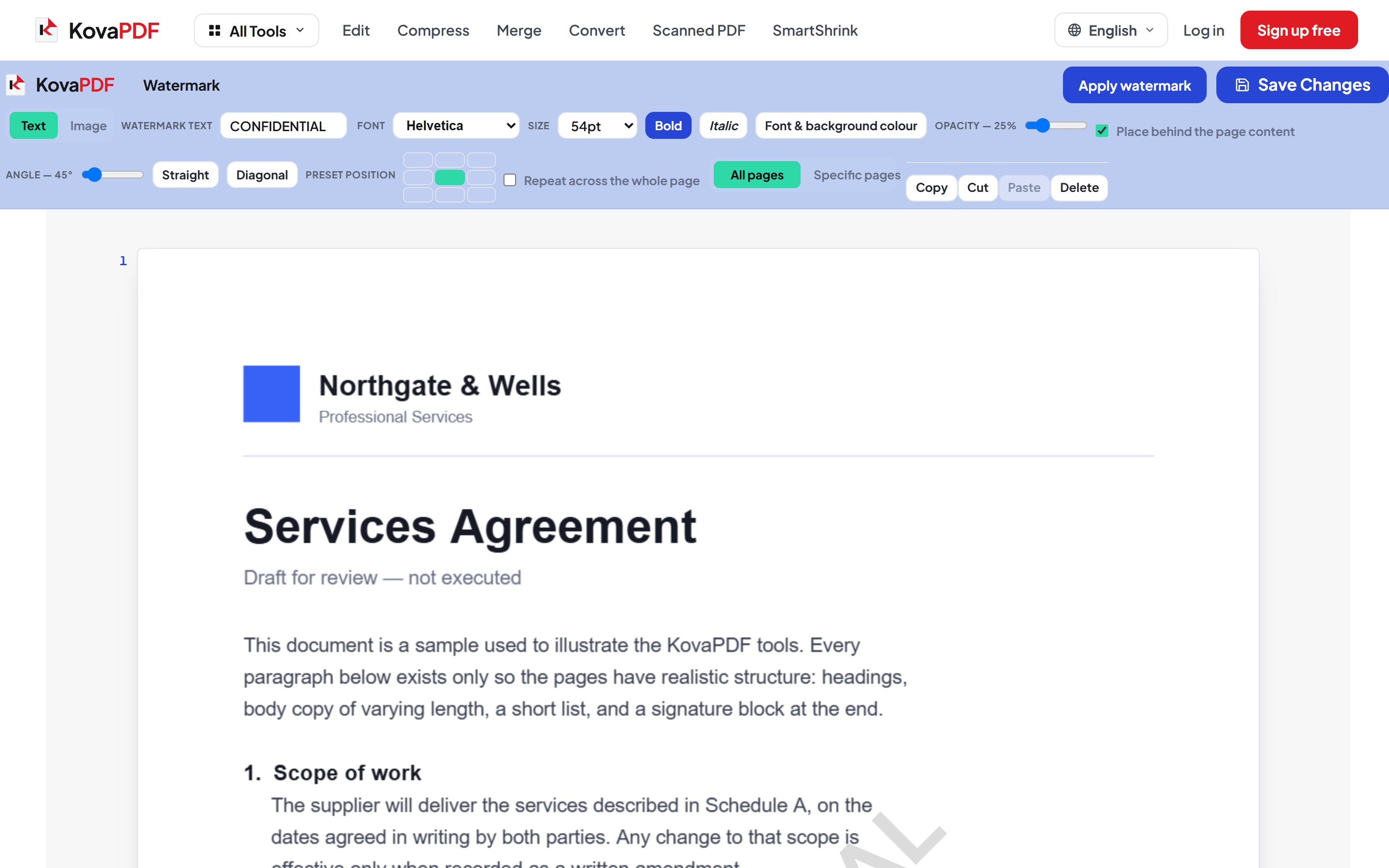 The watermark panel with text, opacity, rotation and page-range controls over an open document