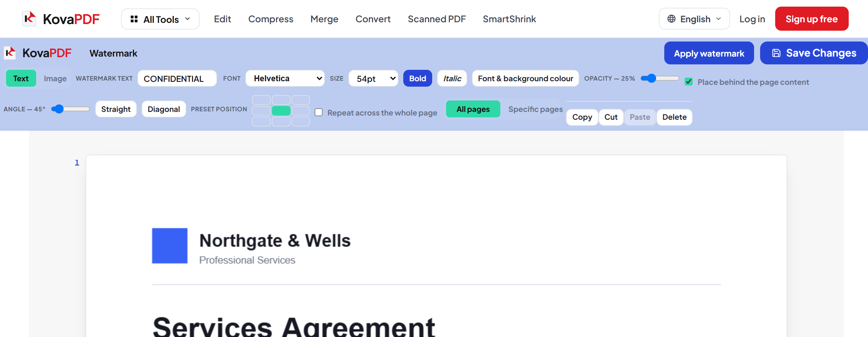The watermark editor with the Save Changes button above the stamped document