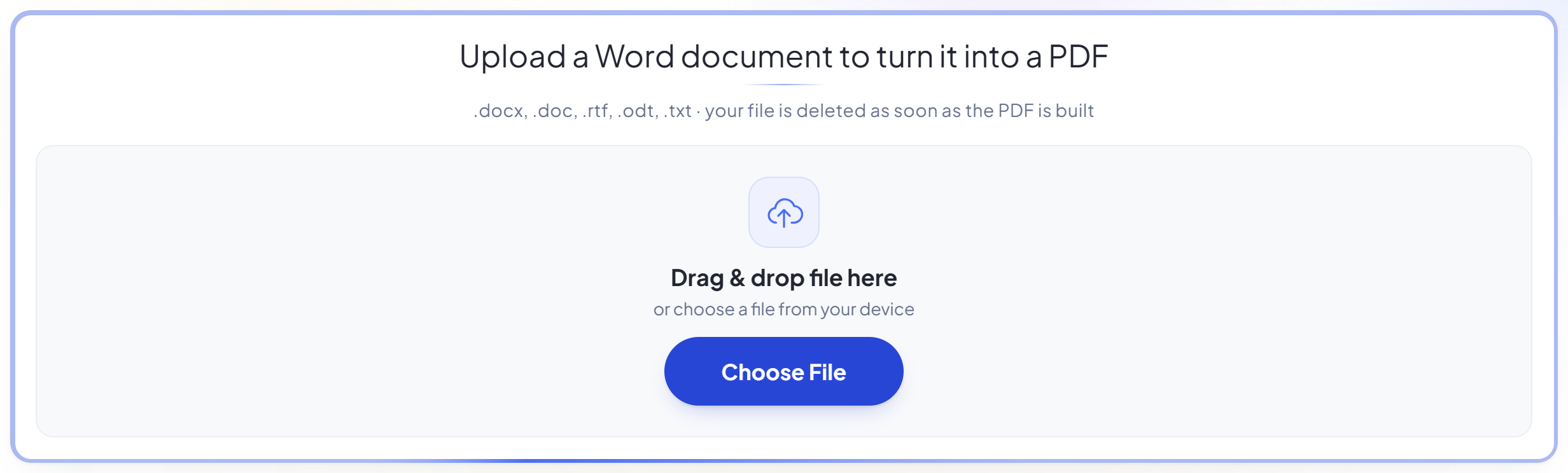The Word to PDF upload panel