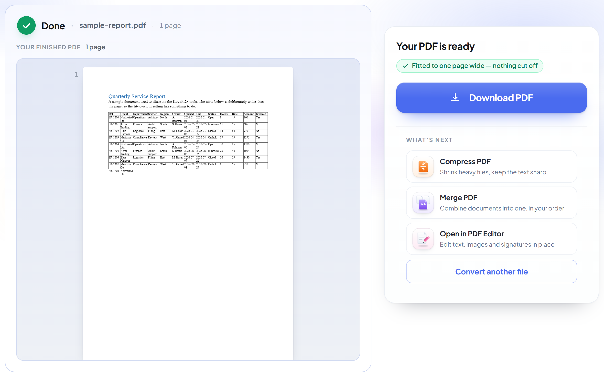 The Word to PDF result screen with the finished PDF ready to download