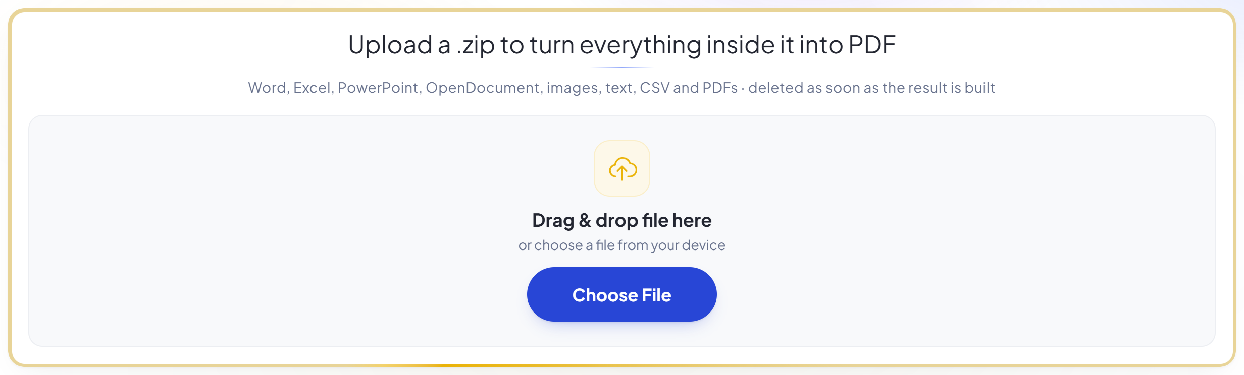 The ZIP to PDF upload panel