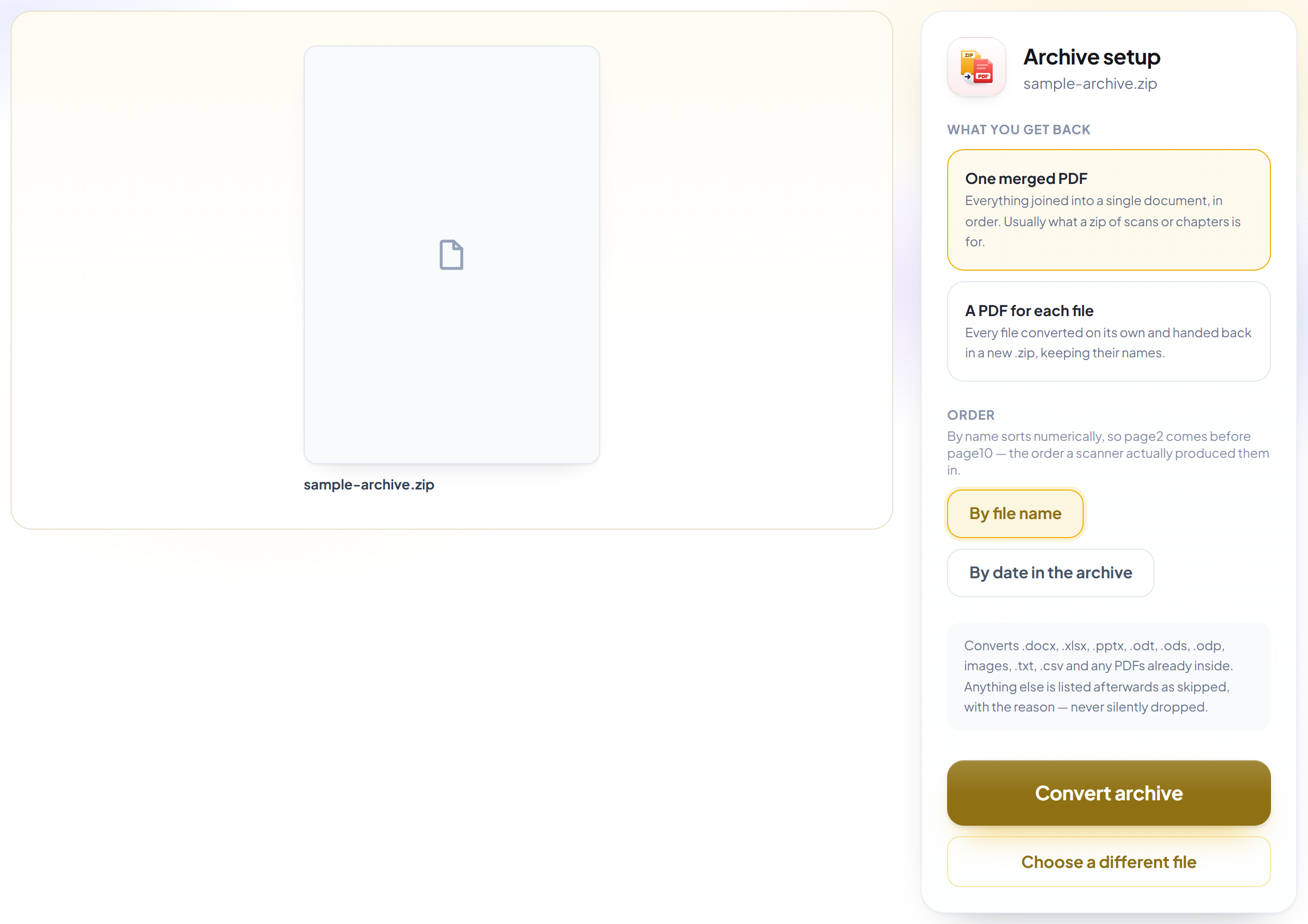 The ZIP to PDF setup screen showing the merge and ordering options