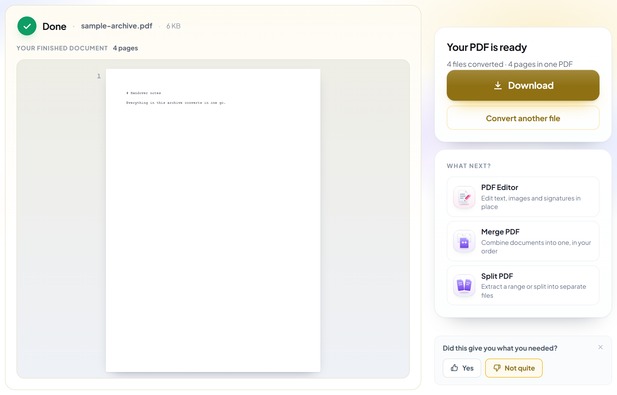 The ZIP to PDF result screen with the finished PDF ready to download