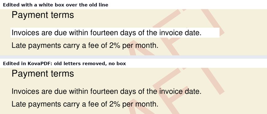The same edit done two ways: a white rectangle over the old line, and the old letters removed