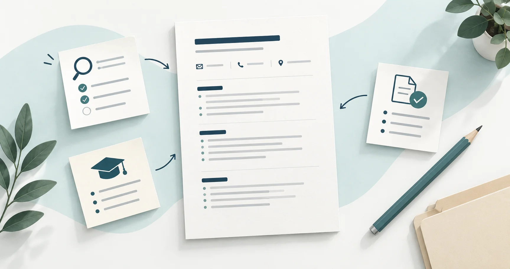 A one column CV with notes for the job requirements, education and a final file check placed around it
