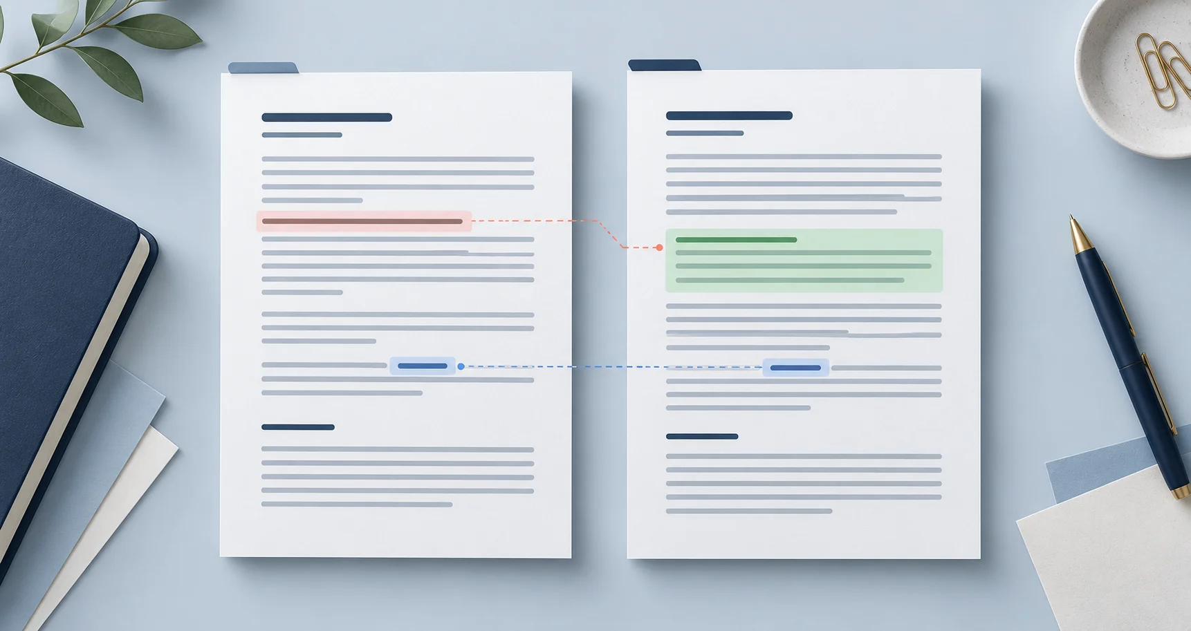 Two versions of a document side by side, with a removed line, an added paragraph and a changed word linked between them