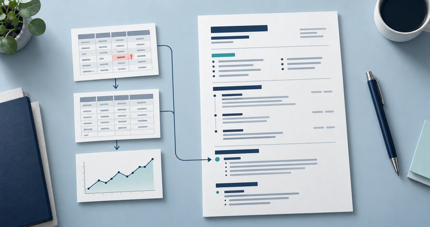 A table with a flagged cell, a corrected table and a chart feeding into a project entry on a CV