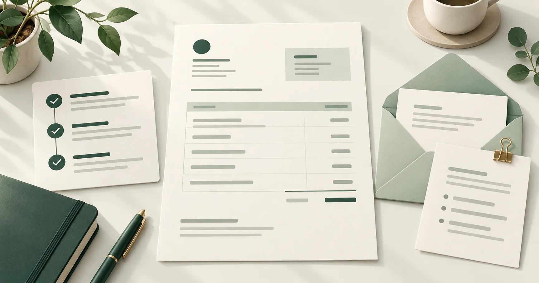 A freelance invoice between a checklist of completed milestones and an envelope with a covering note