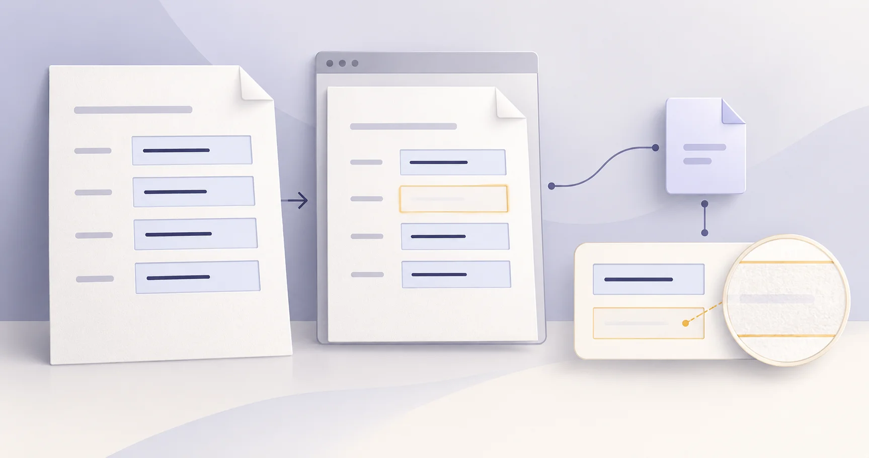 A filled form, the same form open in a viewer with one field blank, and a saved file with that field enlarged