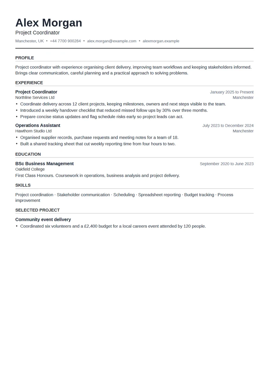 Page 1 of the Compact one page resume template as a PDF: Alex Morgan's resume in small, tightly spaced type with narrow margins and charcoal headings