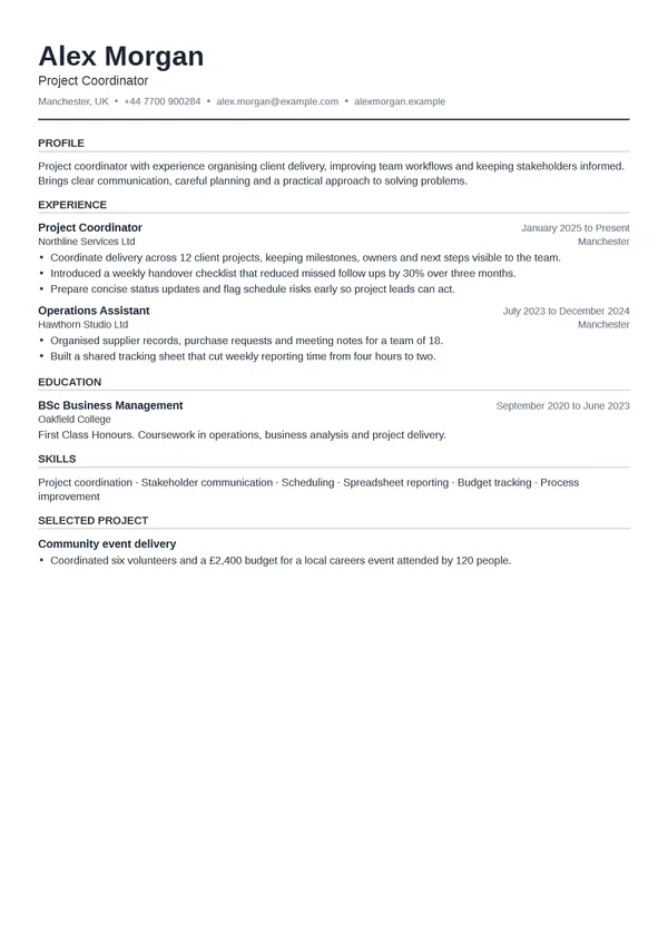 Compact CV template filled with a fictional example