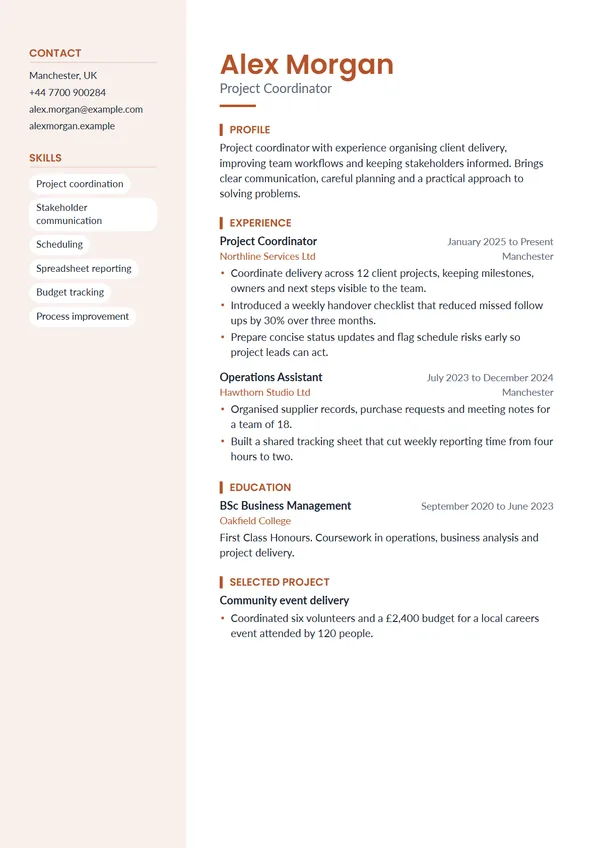 Creative CV template filled with a fictional example