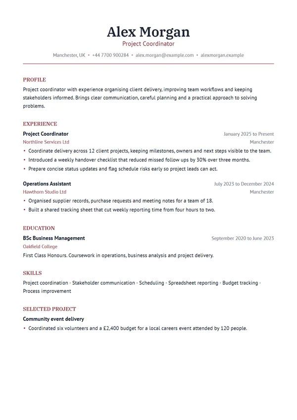 Elegant CV template filled with a fictional example