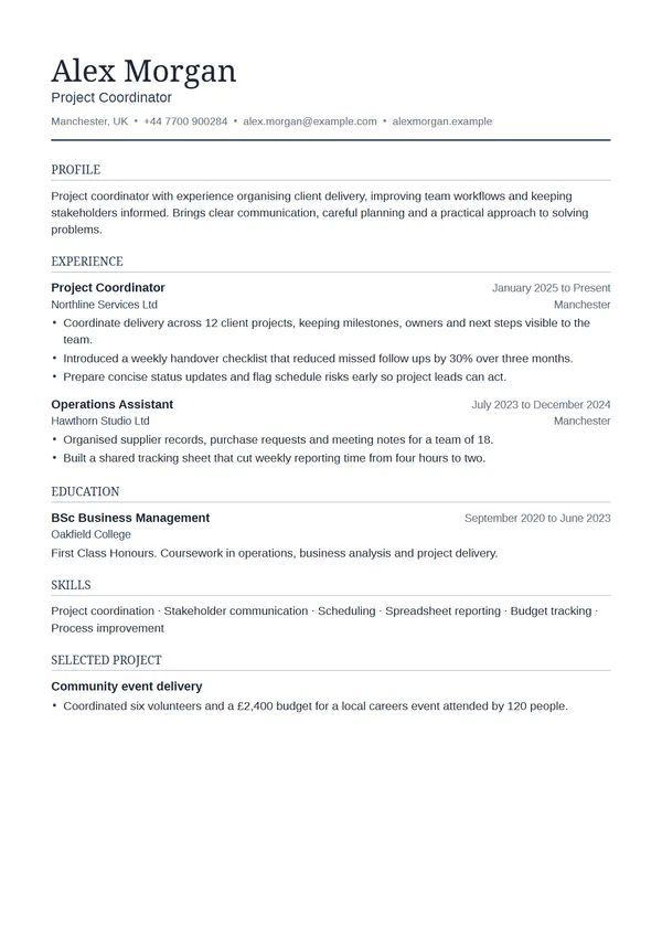 Essential CV template filled with a fictional example