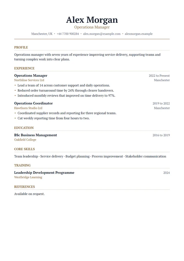 Executive CV template filled with a fictional example