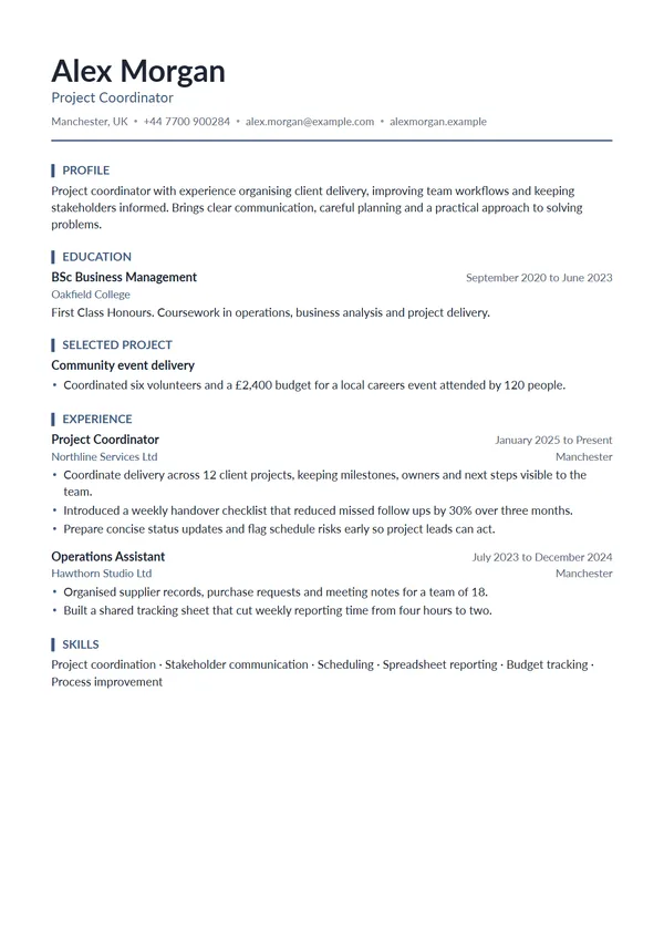 Graduate CV template filled with a fictional example