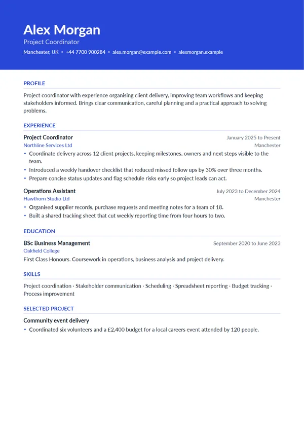 Horizon CV template filled with a fictional example