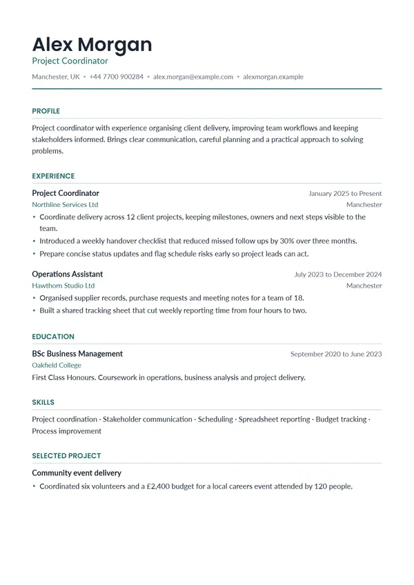 Modern CV template filled with a fictional example