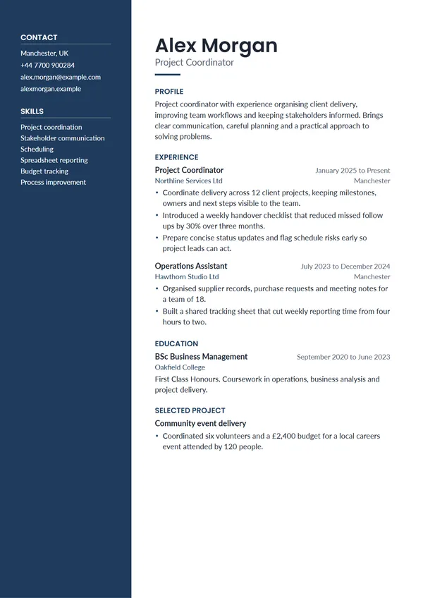 Sidebar CV template filled with a fictional example