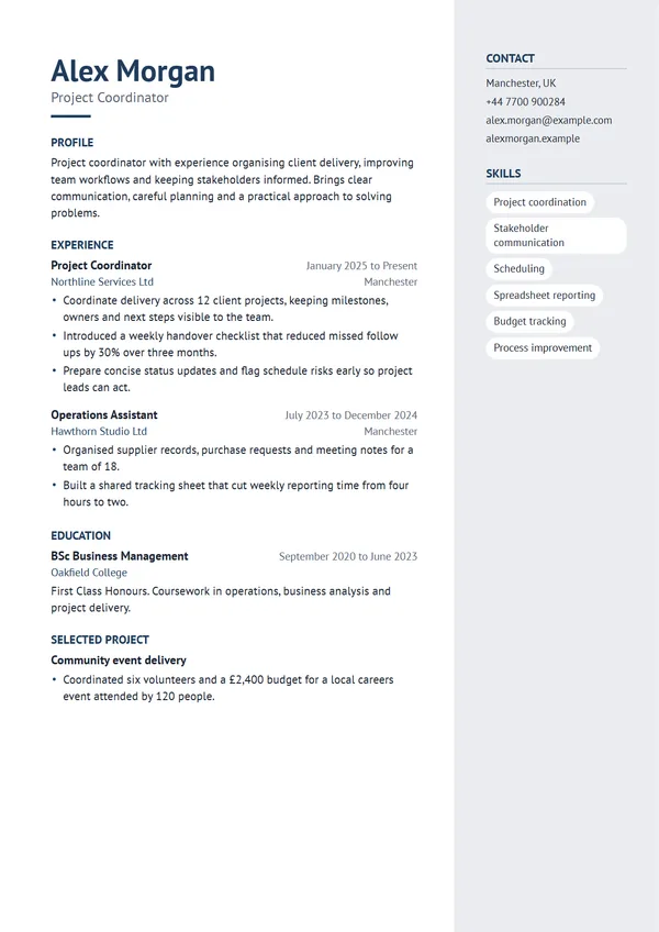 Slate CV template filled with a fictional example