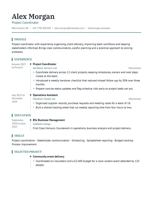 Timeline CV template filled with a fictional example