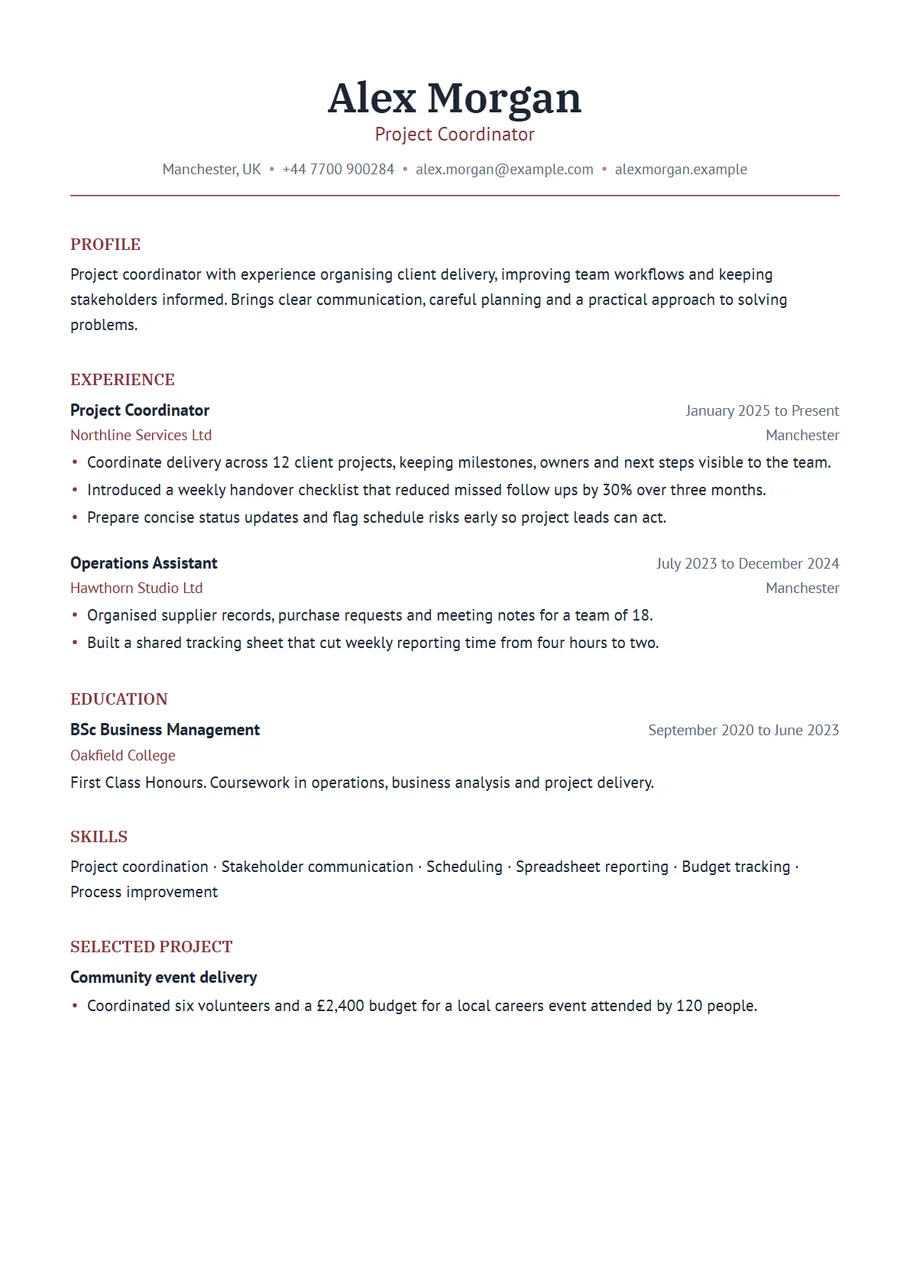 Page 1 of the Elegant CV template as a PDF: a centred serif name and contact line above a thin rule, with burgundy serif headings and relaxed spacing