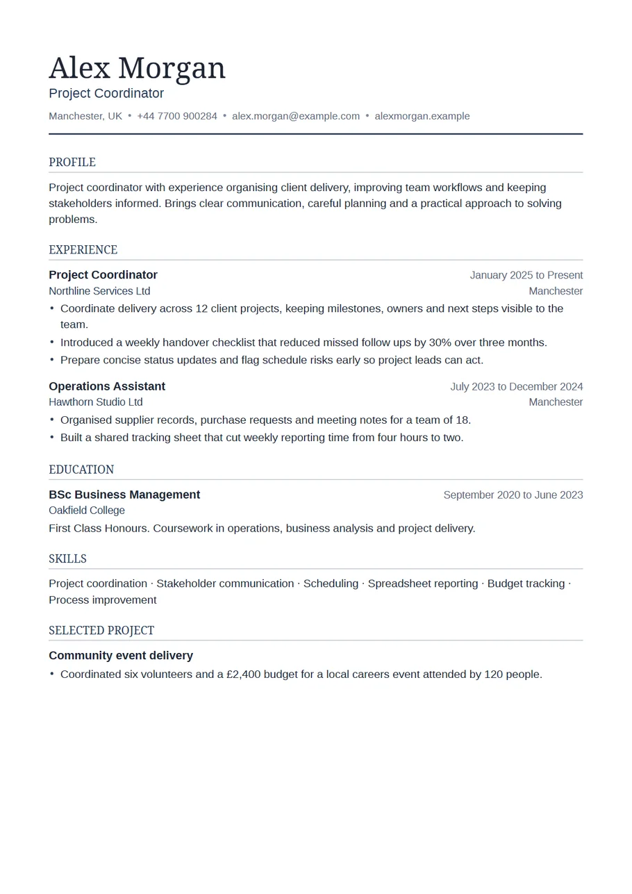 Page 1 of the Essential CV template exported as a PDF: Alex Morgan, Project Coordinator, with Profile, Experience, Education, Skills and Selected project in one column