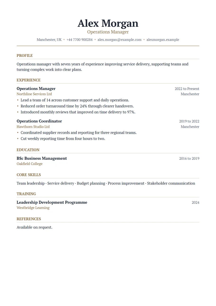 Page 1 of the Executive resume template exported as a PDF: Alex Morgan, Operations Manager, with a centred serif name and a bronze rule above Experience, Education, Core skills, Training and References
