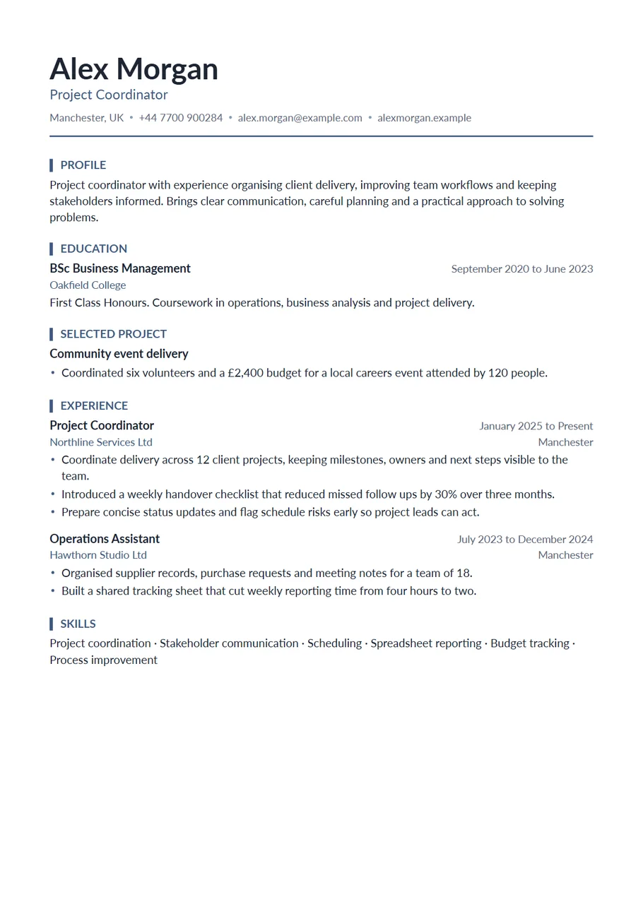 Page 1 of the Graduate CV template exported as a PDF: Alex Morgan's CV with Education and Selected project above Experience