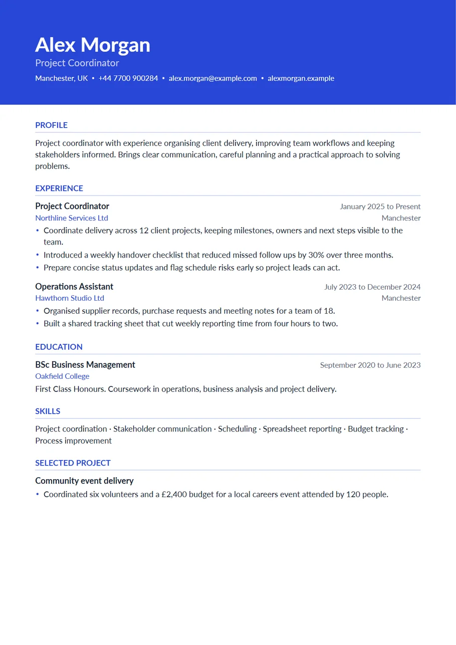 Page 1 of the Horizon professional resume template as a PDF: Alex Morgan's name and contact details in a royal blue band, with Profile, Experience, Education and Skills below
