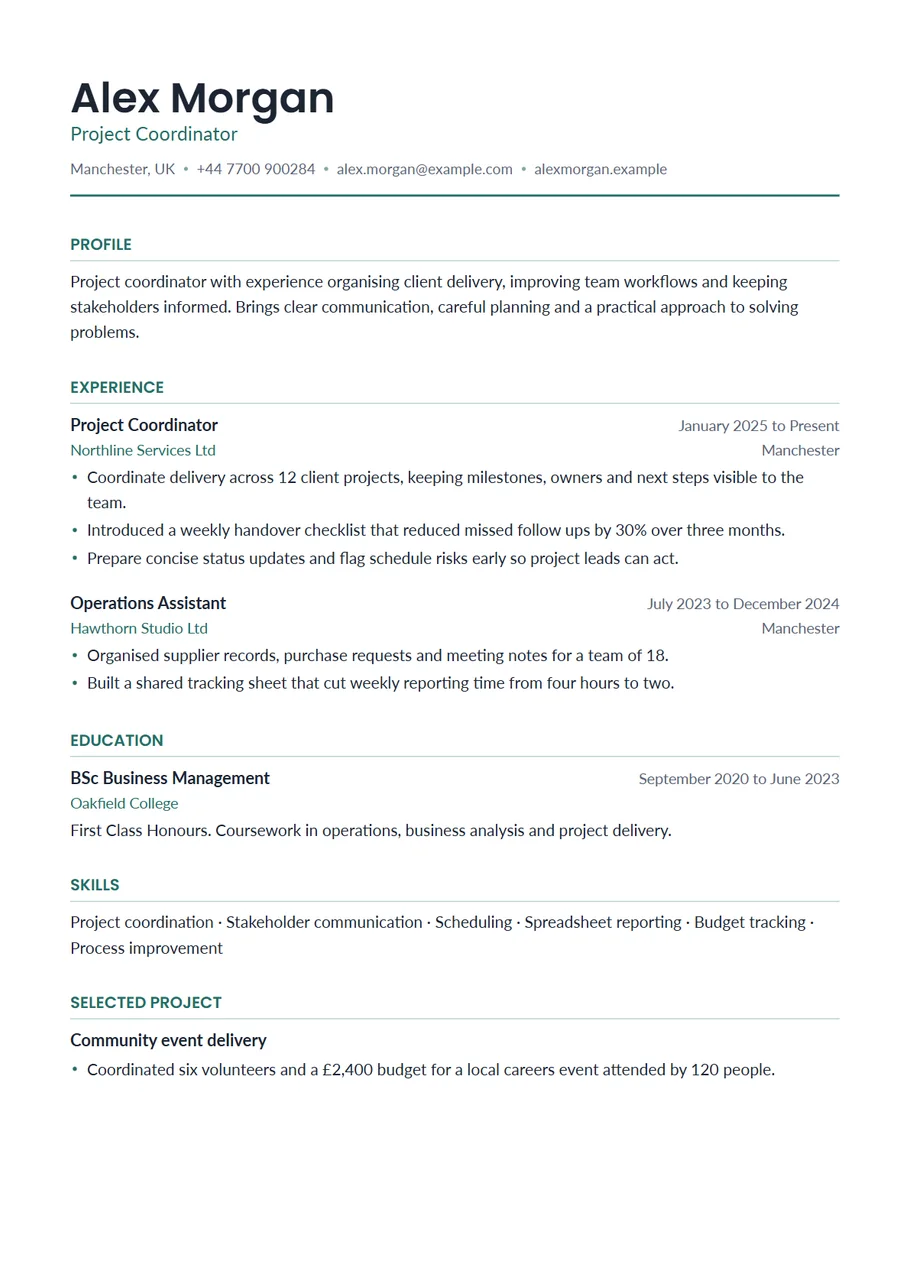 Page 1 of the Modern CV template exported as a PDF: Alex Morgan's name and section headings in teal above one column of experience, education and skills