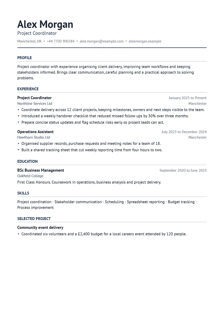 Page 1 of the Portrait CV template exported as a PDF: a placeholder silhouette photo in the top right of the header beside Alex Morgan's name, with one column of sections below