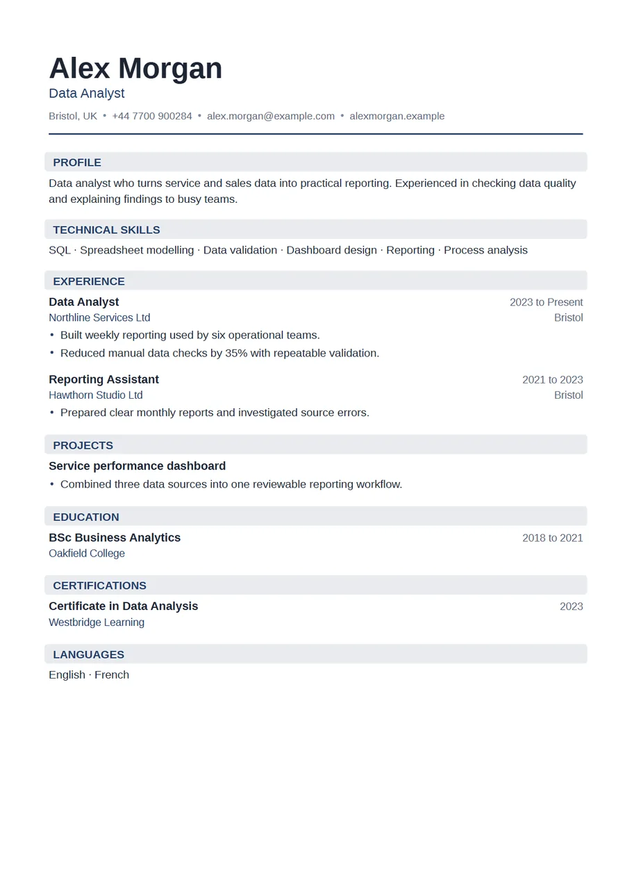 Page 1 of the Technical template exported as a PDF: Alex Morgan, Data Analyst, with a navy heading and Technical skills above Experience, Projects, Education, Certifications and Languages