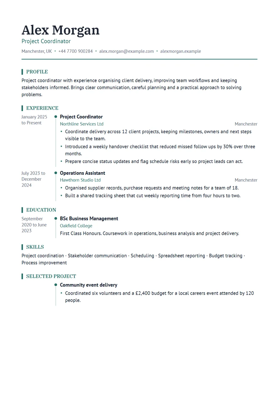 Page 1 of the Timeline chronological resume template as a PDF: dates in a narrow left column beside a vertical line, with Alex Morgan's roles and results on the right