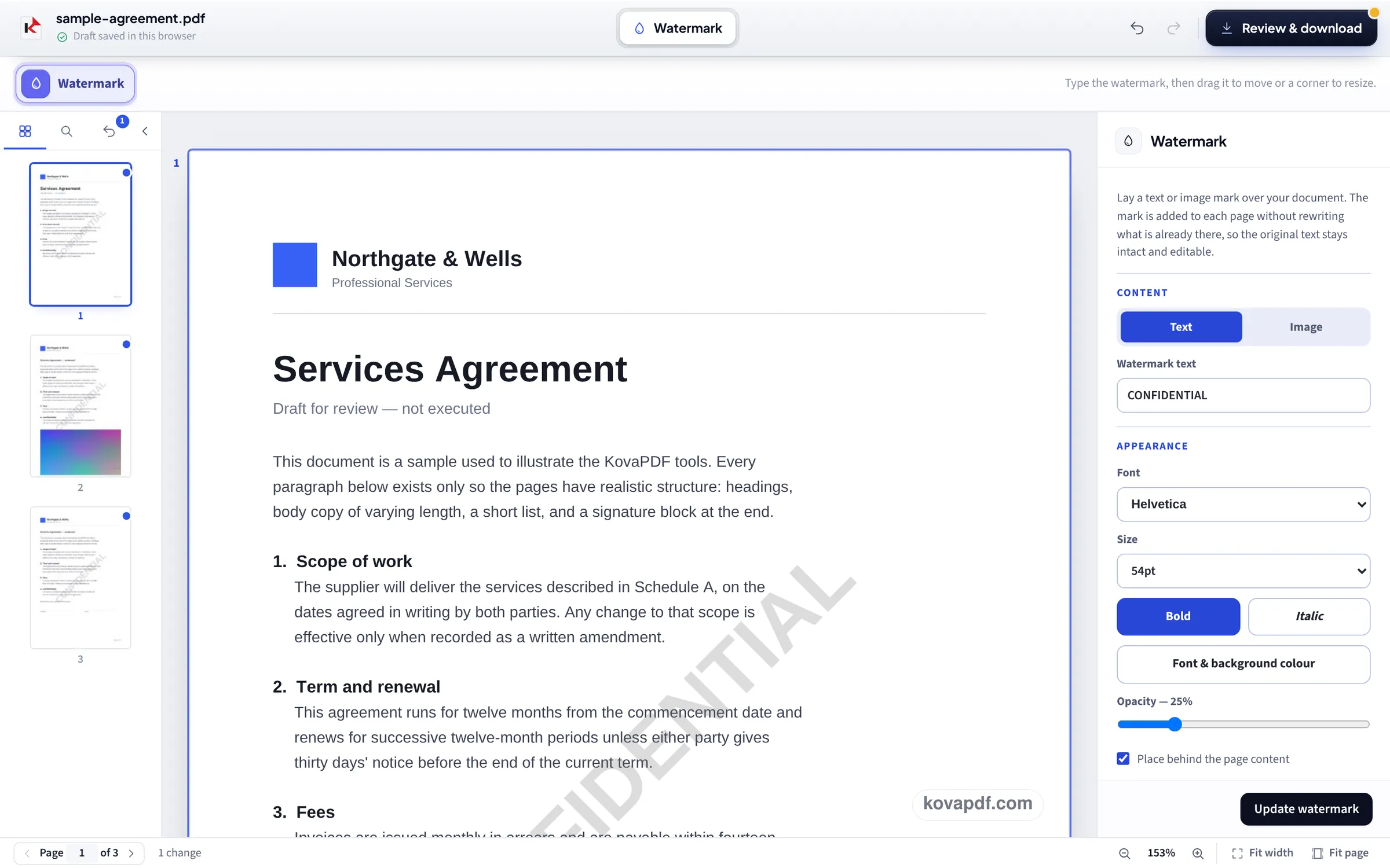 The watermark panel with CONFIDENTIAL typed in and the grey diagonal mark across page 1, the page thumbnails showing it on every page