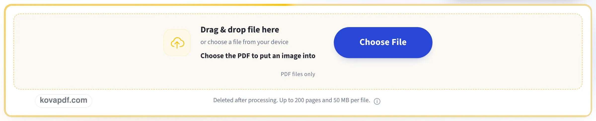 The upload box on the Add image to PDF page, asking for the PDF to put an image into