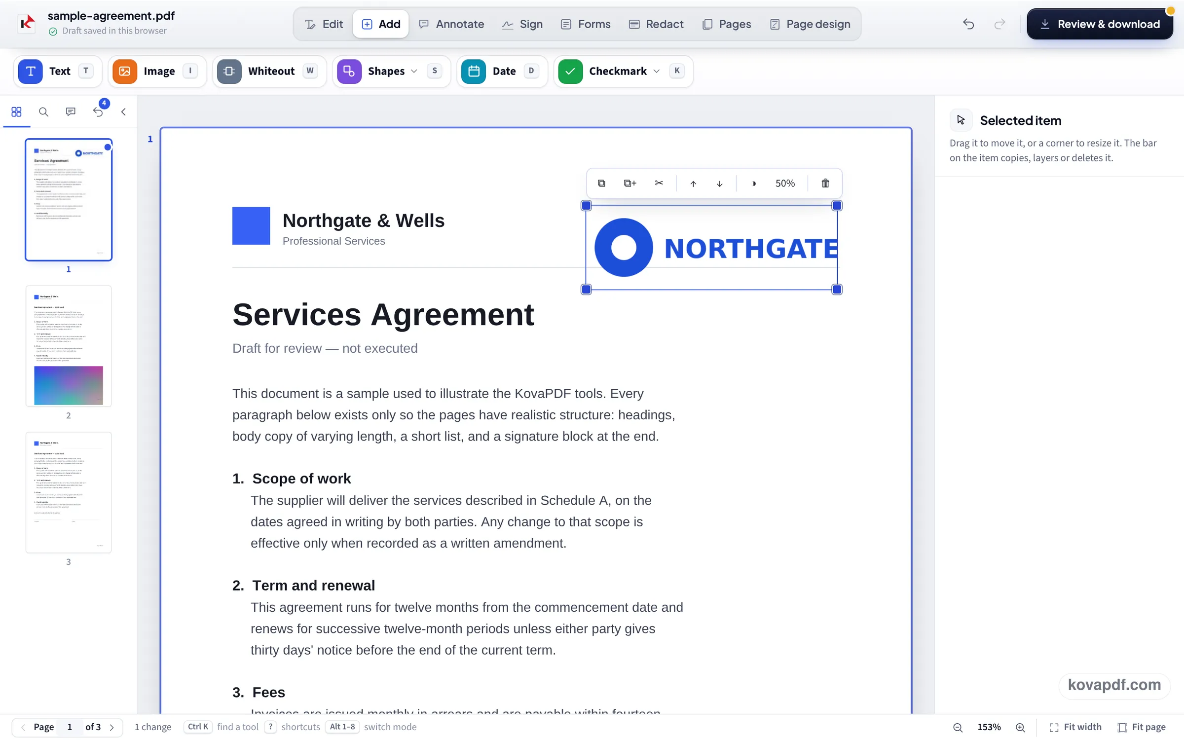 A blue NORTHGATE logo selected at the top right of page 1, with its toolbar above and corner handles for resizing