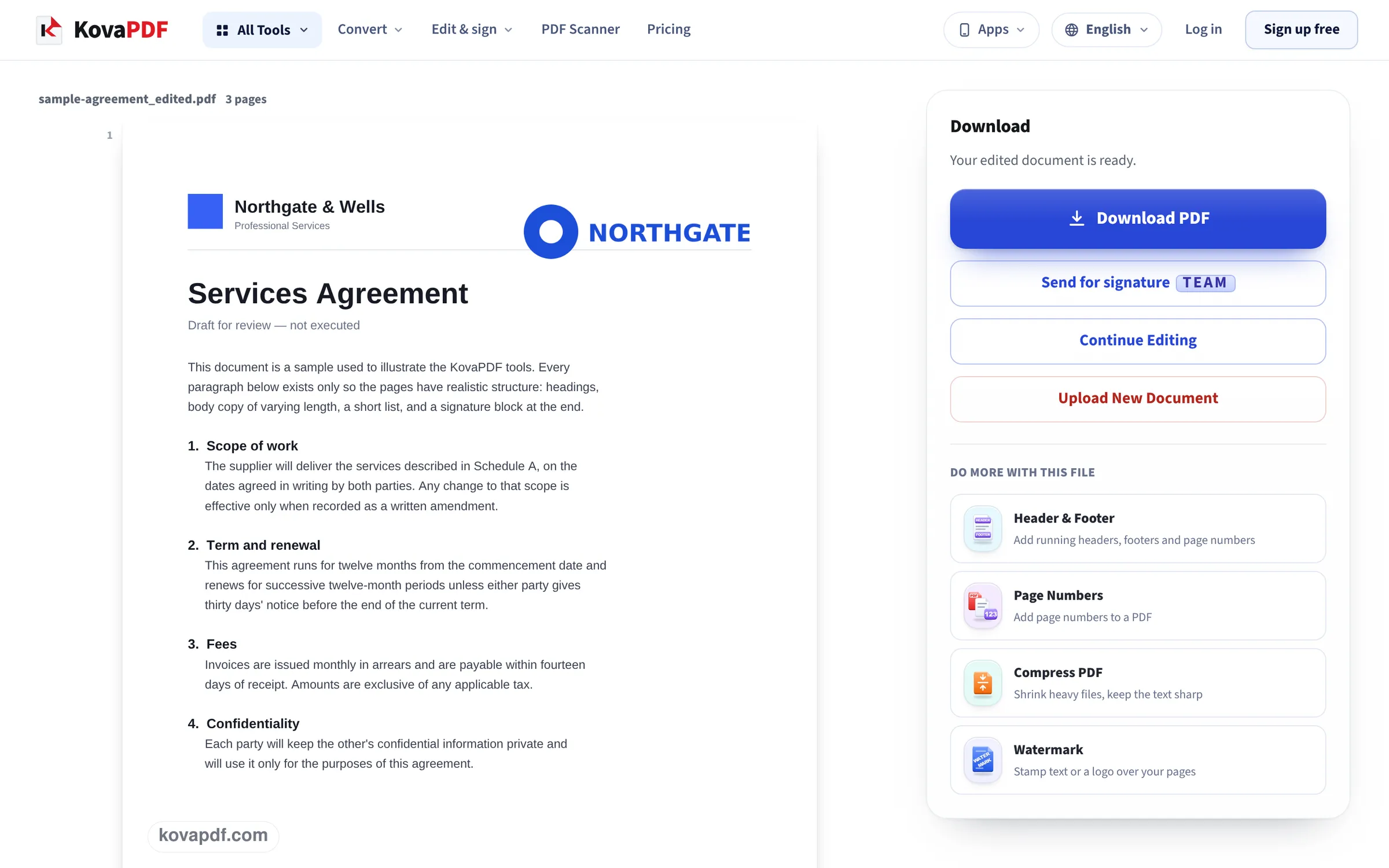 The download screen showing the saved agreement with the logo in the top right corner of page 1