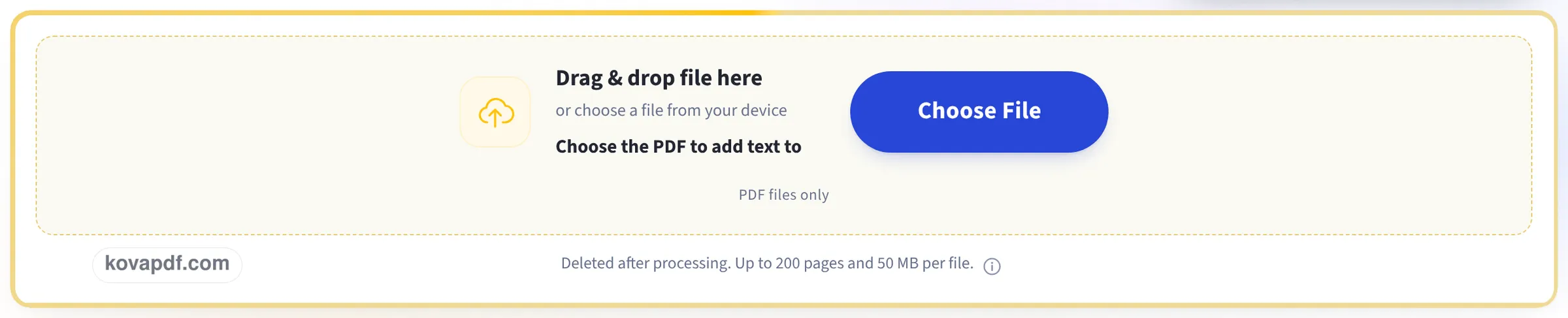 The upload box on the Add text to PDF page, asking for the PDF to add text to