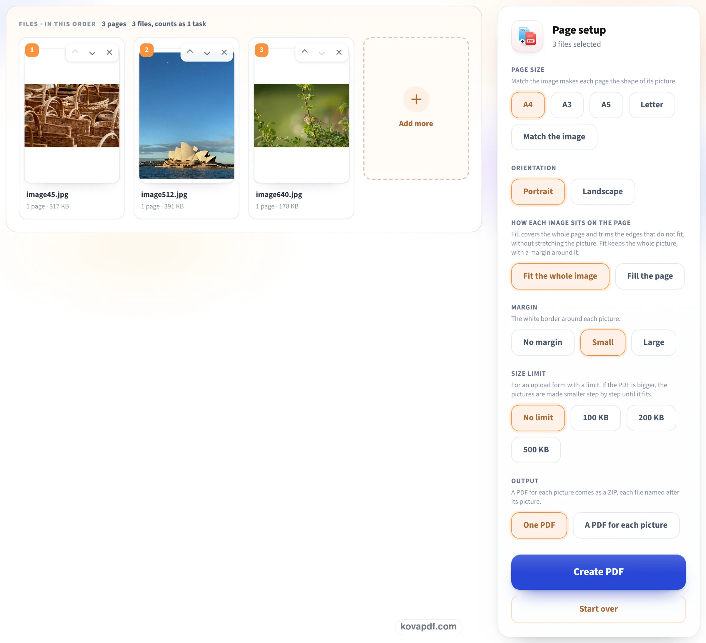 Three photos listed in order with the page size, margin and size limit choices beside them