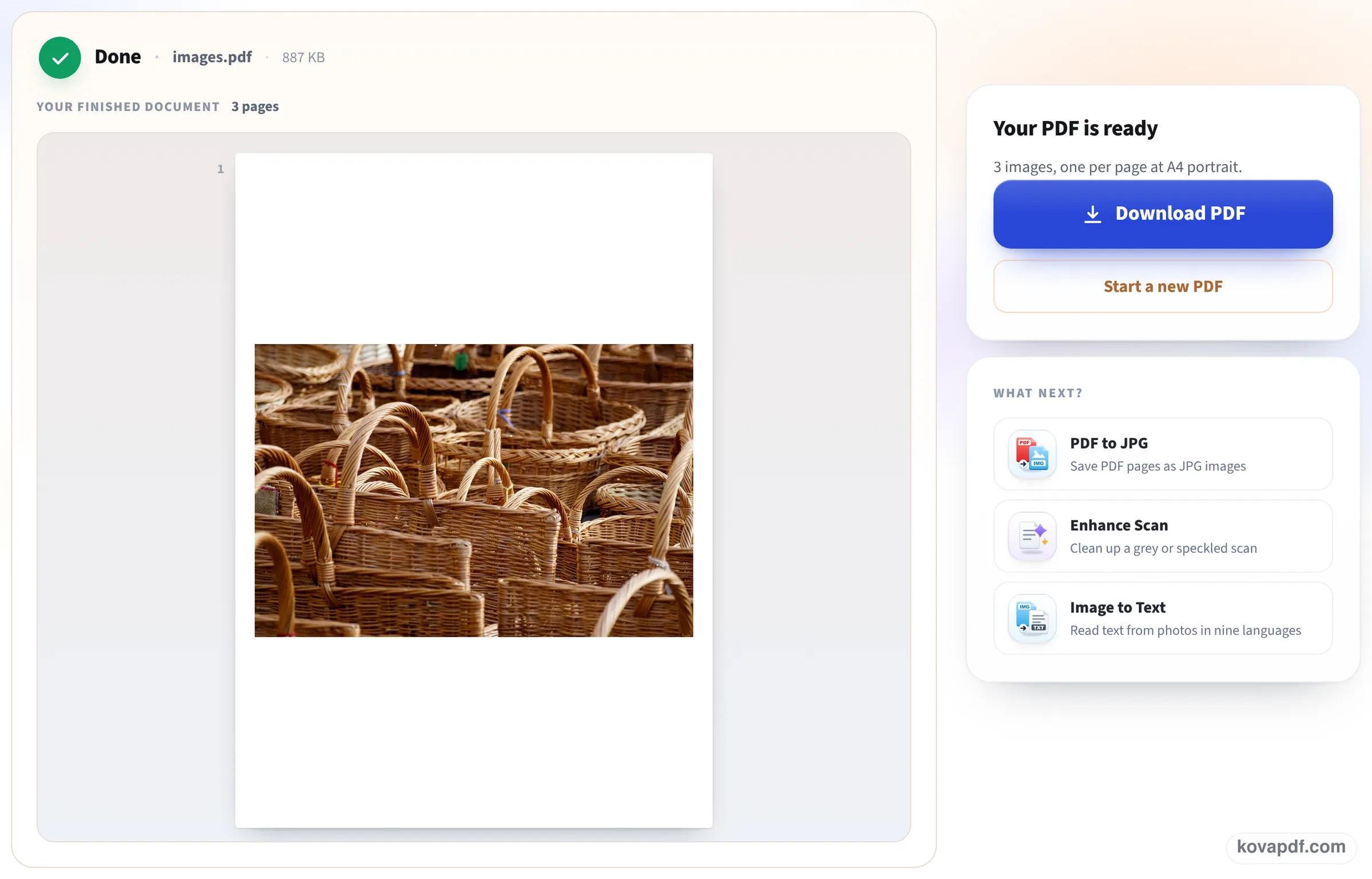 The finished screen: one PDF made from the photos, with its Download PDF button