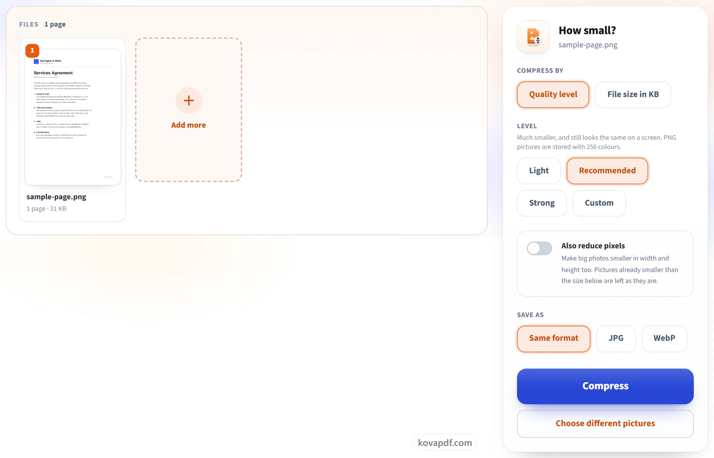 The Compress Image screen with the compression options