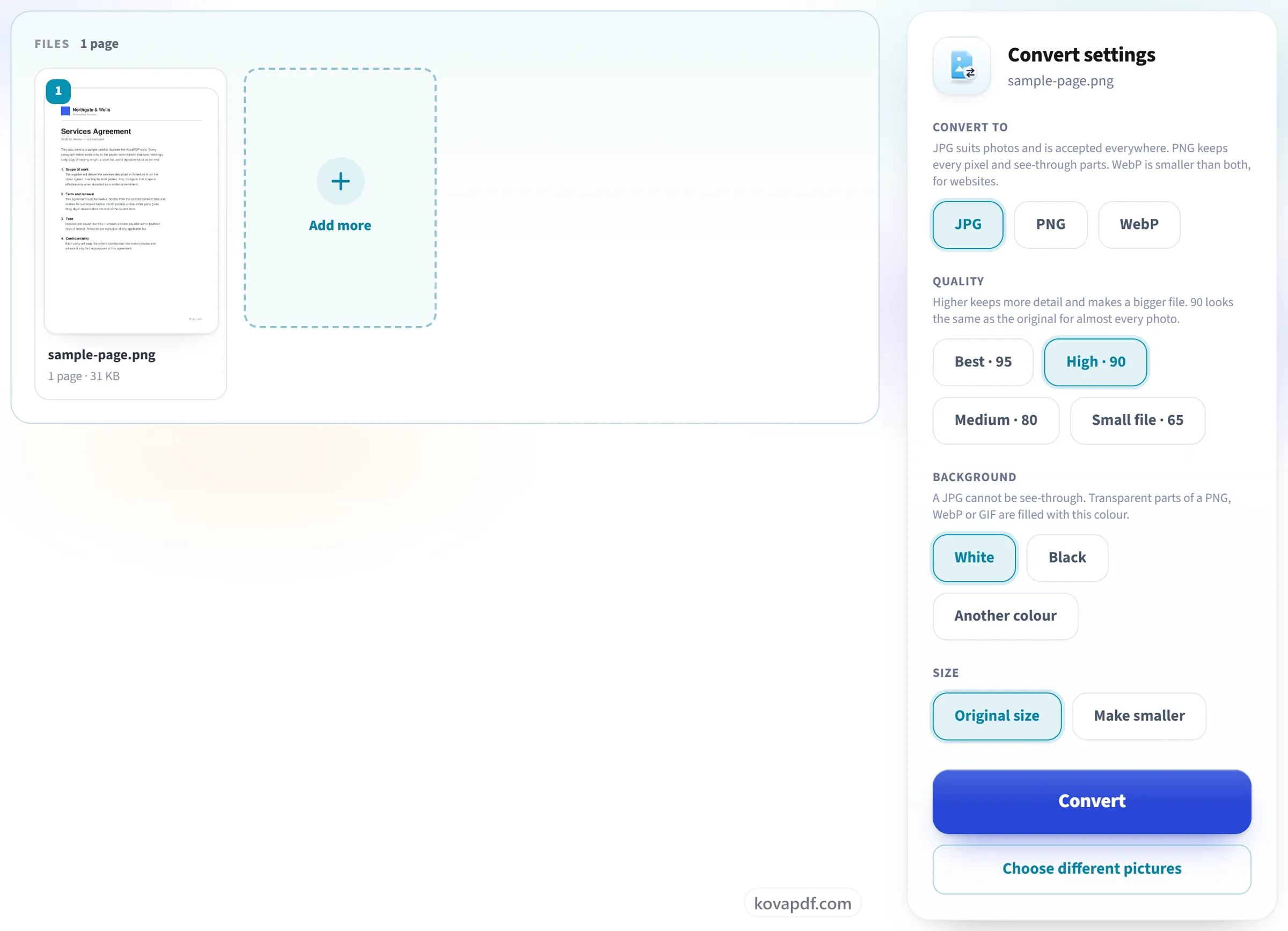 The Convert Image screen with the format options
